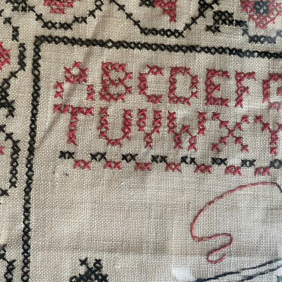 Framed Cross Stitch Embroidered Sampler Red/Black Stage Coach Horse & Driver - Picture 4 of 8